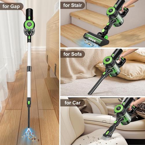 Cordless Vacuum Cleaner, 8-in-1 Stick Vacuum Cleaner with Super Suction, 30Kpa Powerful Suction Vacuum with 60 Mins Runtime Detachable Battery, Vacuum Cleaners for Hardwood Floor Pet Hair，Green