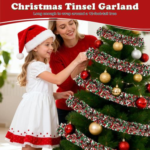 50FT Christmas Tinsel Garland, Red Green&Silver Metallic Twist Shiny Hanging Garland Ornaments for Christmas Tree, Party Supplies Thick Metallic Xmas Streamers