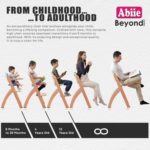 Abiie Beyond Junior Wooden High Chair for Babies and Toddlers - Convertible 3-in-1 Baby Highchair with Removable Tray - 6 Months to 250 Lb - Water Resistant - Natural Wood/Black Pearl Cushion