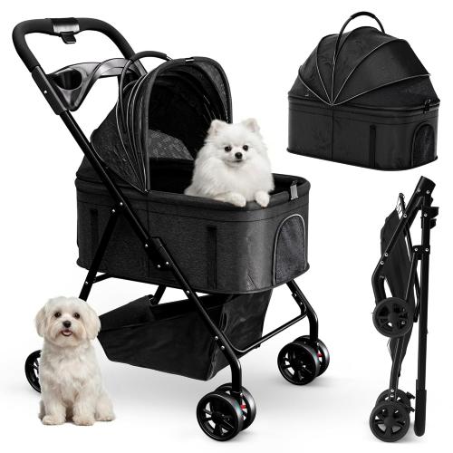 Pet Stroller 3 in 1 Foldable Dog Stroller, Cat Strollers, Foldable pet Strollers & Cat Carrier, Pet Carrier, Lightweight with Cup Holder, Waterproof & Breathable Mesh Canopy