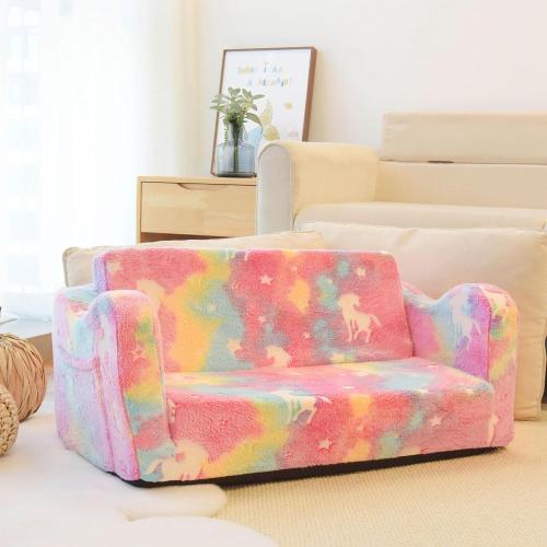Elevon Wider Seating Toddler Couch, 2-in-1 Sofa Soft Chair for Boys Girls, Flip Open Convertible Sleeper for Playroom, Glowing Rainbow