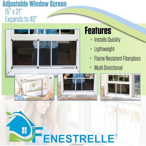 Fenestrelle Expandable Window Screen – 15″ H × 21″–40″ W Horizontal, 2‑Way Adjustable Window Screen with Flame Resistant Fiberglass Mesh, Pack of 2
