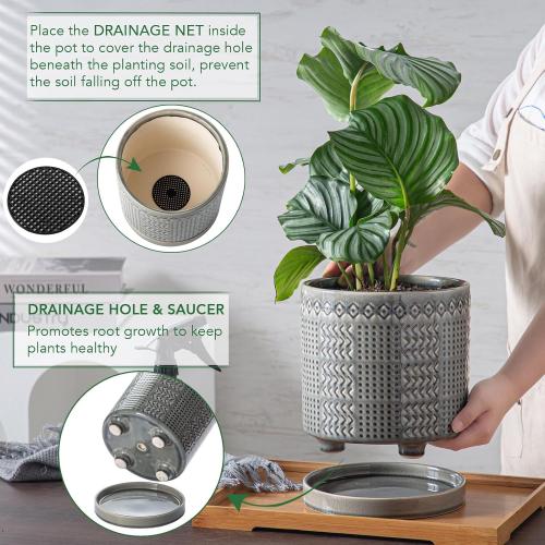 Indoor-Outdoor Ceramic Plant Pots: 8 Inch Flower Pots with Drainage Hole & Saucer - Decorative Ceramic Pots for Plants Herbs Succulents - Home Garden Patio Lawn Use