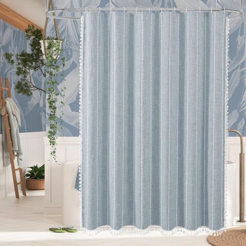 MitoVilla Blue Boho Fabric Shower Curtain, Modern Farmhouse Polyester Linen Shower Curtains for Vintage Rustic Bathroom Decor, Country Tassel Thick Cloth Shower Curtain, 72 x 72