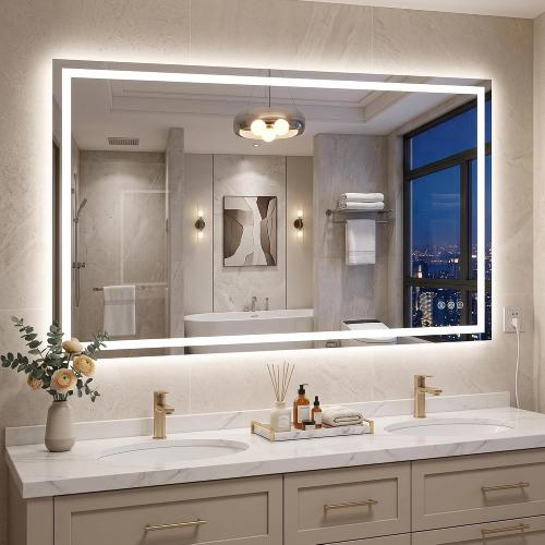 Antok 55x30 LED Bathroom Mirror with Lights, Backlit   Front Lit Vanity Mirror with CRI>90, Dimmable Anti-Fog Smart Mirror with Memory Function, 3 Color Temperatures, Shatterproof Tempered Glass, ETL
