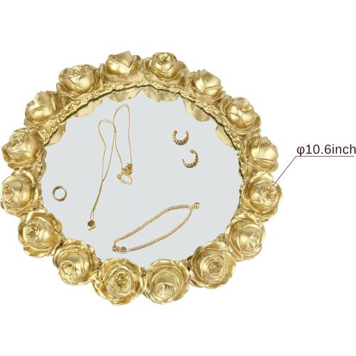 Color Gold Vixdonos Decorative Round Mirror Tray Bathroom Vanity Tray with Gold Resin Rose for Perfume,Jewelry and Makeup