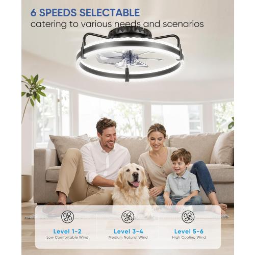 Ceiling Fan with Lights, 20'' Low Profile Ceiling Fans, 3000-6500K Dimmable Fandelier LED Fan Light, Black Modern Flush Mount Ceiling Fan, 6 Speeds Reversible DC Motor Noiseless for Bedroom, Kids Room