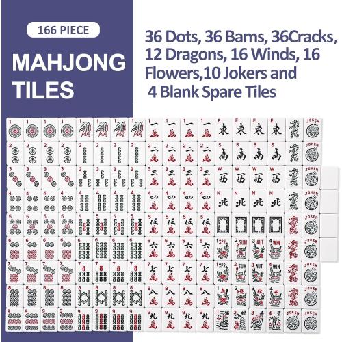 American Mahjong Game Set, 166 White Tiles, Blue Printed Bag with Entire Accessories, 4 All-in-One Rack/Pushers, Mahjong Tiles Set