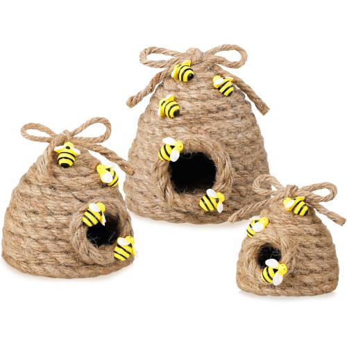 Jutom 3 Pcs Bee Hive Decor Honey Bee Tiered Tray Decor Summer Spring Honeybee Decorations Mini Jute Farmhouse Beehive for Kitchen Table Shelf Home Coffee Bar Themed Party(Vintage Color)