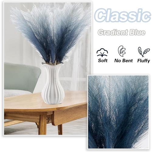 20Pcs Navy Blue Gradient and White Faux Pampas Grass Decor, 21.7 Pompas Grass Flower Arrangement and Vase Filler for Boho Home Wedding Decoration, Black