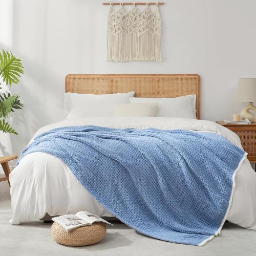 Snuggle Sac Blue Waffle Throw Blanket for Couch Bed Sofa 60x80 inches, Reversible Blue Blanket Microfiber Fluffy Fuzzy Cozy Knit Twin Blanket for Women Mothers Birthday Gifts