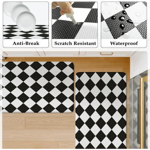 KIMODE Farmhouse Kitchen Rugs, Anti-Fatigue Kitchen Mats, Non-Slip, Cushioned Standing Mat, 17x47 17x29, Black Diamond Check
