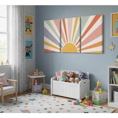 3 Pieces Nursery Boho Canvas Wall Art Rainbow Sun Rising on the Horizon Geometric Nature Illustration Line Pictures Wall Decor Posters Prints for Toddler Kids Room Home Decoration