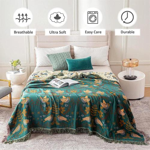 Boho Throw Blanket for Bed 100% Cotton Soft Quilt Lightweight Blanket Bird Floral Embroidery Farmhouse Room Decor Twin Bed Blankets,60×80 All Season Breathable Throw for Sofa&Couch Chair