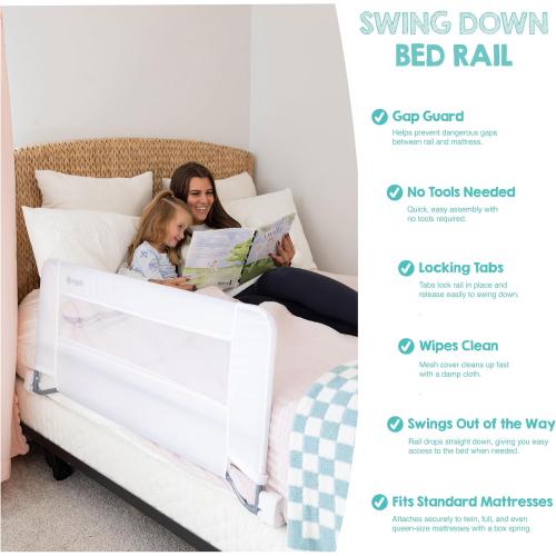 Regalo Swing Down Toddler Bed Rail Guard, NO Tools Required, Bed Rail for Toddlers with Patented Gap Guard, Toddler Bed Rail, Fits Twin, Full & Queen Beds, Bed Safety Rail for Kids Bed, 43” Long