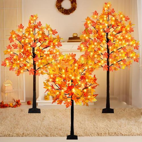3 Pack Lighted Maple Tree, 4FT 5FT 6FT Artificial Fall Tree With 216 Lights and Timer for Autumn Home, Living Room, Patio, Porch, Garden, Wedding Indoor Outdoor Decor
