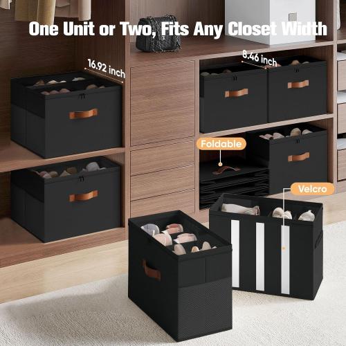 Shoe Organizer for Closet, 2-Pack Foldable Shoe Storage Box with Adjustable Dividers & Clear Cover, Fits 16 Pairs, Black, Durable and Space-Saving