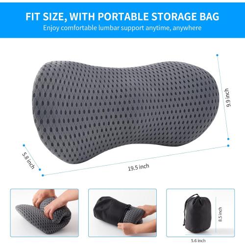 Grey Lumbar Pillow, Memory Foam Lumbar Support Pillow for Office Chair and Car Seat, Back Support Pillow for Lower Back Pain Relief, Support Cushion Back Pillow for Sleeping, Driving, Resting