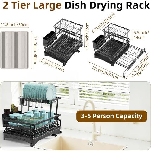 AULEEP 2-Tier Foldable Dish Drying Rack for Kitchen Counter Over the Sink