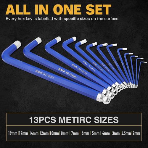 ELEAD Jumbo Hex Key Allen Wrench Set | 13-Piece Metric 2-19mm | Long Ball End Durable S2 | Automotive | Mechanic | Furniture | Professional Grade Tools