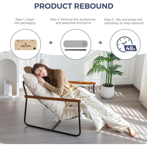 MAXYOYO Modern Accent Chair, Comfy Living Room Chair with Metal Frame Wooden Armrest, Upholstered Armchair with Soft Cushion for Bedroom Balcony Lounge Reading Room, Beige