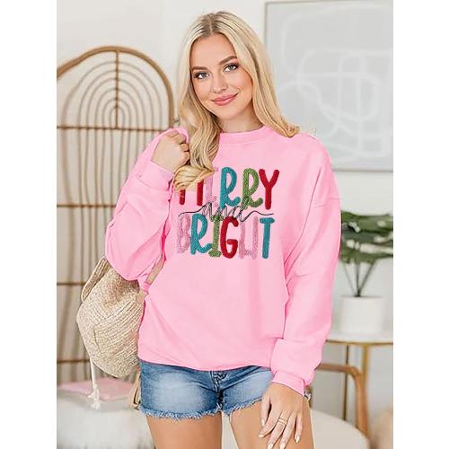 Merry Christmas Sweatshirts Women Merry And Bright Christmas Pullover Top Chenille Patch Letter Printed Xmas Gifts Top