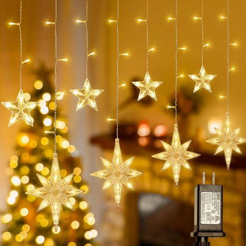 9 LED Star Icicle Lights,t Connectable Window Curtain Lights Plug  Modes Timer Bethlehem Star Christmas Light for Indoor Outdoor,Bedroom,Wedding,Ramadan Decor,Warm White