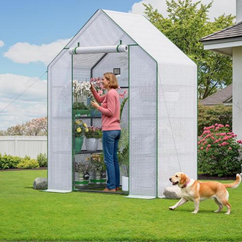 Greenhouse for Outside with Screen Windows, Outdoor Walk in Greenhouses with Durable PE Cover, 57 x 57 x 76'' Small Portable Green House with Shelves Stands,White