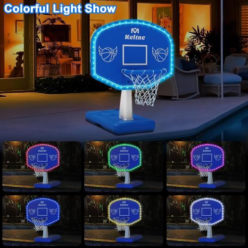 LED Pool Basketball Hoop Poolside, Super Bright Large Solar Powered Basketball Hoop for Pool, Swimming Pool Basketball Game Toys with Lengthen Sturdy Base for Kids Adults, Includes 2 Balls and Pump