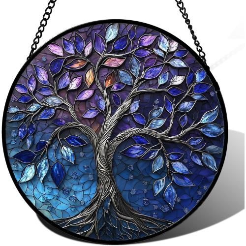 DASTOLL Stained Glass Window Hanging, Blue Purple Tree of Life Sun Catchers Colorful Glass Panel Plants Suncatcher Decor for Birthday for Women,Men,Wife, Lovers, and Mom 14.9x14.9 in