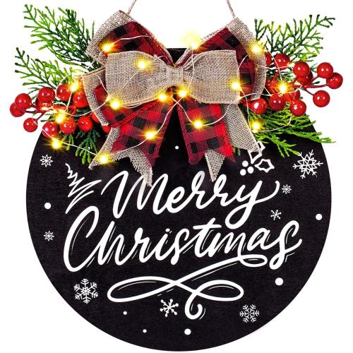 Black Door Sign for Christmas Decorations, Lighted Christmas Wreaths for Front Door, Farmhouse Wooden Hanging Merry Christmas Sign with 30 LED Lights for Indoor Outdoor Porch Wall Window Decor
