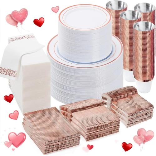 BESTVIP 700PCS Rose Gold Disposable Dinnerware Set for 100 Guests, Plastic Plates for Party, Wedding, Christmas, Include: 200 Plastic Plates, 100 Gold Silverware, 100 Cups, 100 Napkins