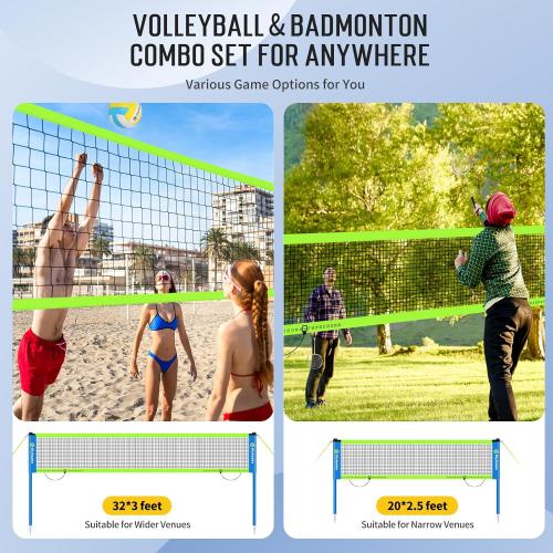 Outdoor Volleyball & Badminton Combo Net Set for Backyard, Beach with 2 Nets, Adjustable Poles, 4 Aluminum Rackets, PU Volleyball, Portable Carry Bag