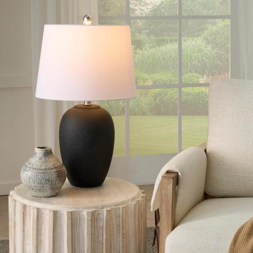 Nourison Home 23 Black Vintage Distressed Ceramic Pot Table Lamp for Bedroom, Living Room, End Table, with White Tapered Drum Shade