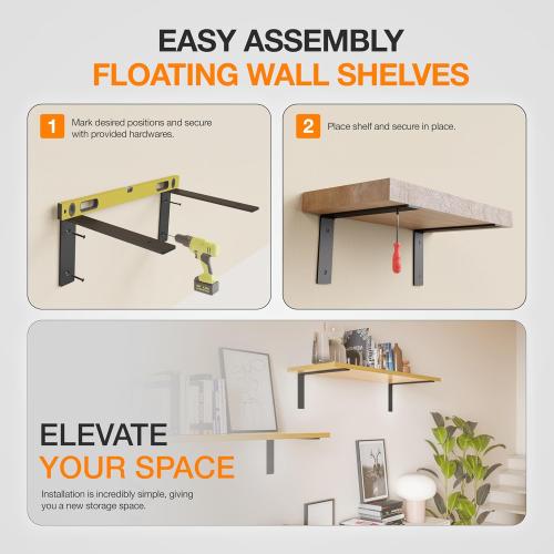 BATODA Pack 6 - 8''L Heavy Duty Shelf Brackets - L Shelf Brackets Black - Hook Brackets for Floating Shelves - Wall Mounted Support for DIY Open Shelving – Shelving Mounting Hardware Included