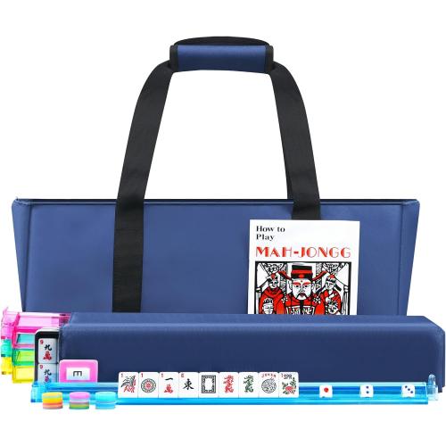 American Mahjong Tile Set Include 166 Tiles 4 All-in-One Mahjong Racks/Pushers with Fabric Carrying Bag Complete Mahjong Game Set (Blue Bag)