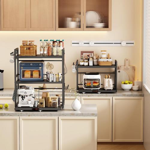 NETEL Expandable Microwave Stand countertop,2 Tier Metal Kitchen Countertop Organizer Shelves with 8 Hooks,Bakers Rack,Microwave Shelf with Drawers and Cup Holders,55lbs Weight Capacity,Black