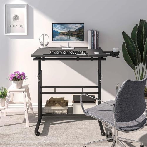 Mobile Standing Desk, Adjustable Rolling Computer Desk with 3 Desktops, Portable Laptop Table with Cup Holder, Home Office Laptop Workstation on Lockable Wheels, Black