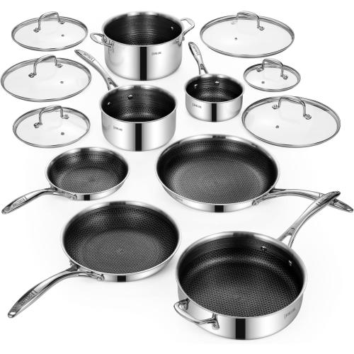 Deluxe 13 Piece Hybrid Ceramic Nonstick Stainless Steel Cookware Set-5 Piece Frying Pan Set, 6 PC Pot Set, 3.7QT Deep Sauté Pan&Lid, Induction Ready, Stay Cool, PFOA Free Compatible with All Cooktops