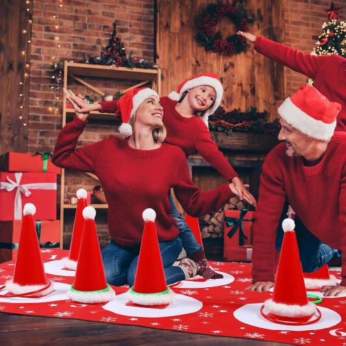 Leitee 46 Pcs Christmas Ring Toss Game Santa Hat Ring Toss Carnival Games for Adults 6 Plastic Cones 30 Rings 1 Cloth Mat 6 Plush Balls 2 Plush Strips and Glue for Christmas Party