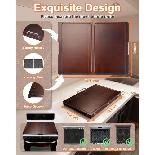 Foldable Noodle Board Stove Cover: 29.5 x 22 in Bamboo Stove Top Covers with Handle for Electric ＆ Gas Stoves,Serving Tray - Beautify Kitchen & Expand Prep Space