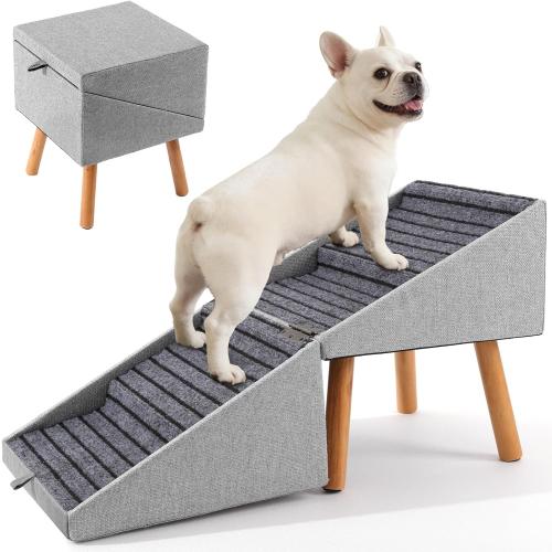Dog Stairs for Small Dogs 17.13 H, 4-Step Doggie Ramp for Couch Bed Sofa and Chair, Foldable 2 in 1 Wooden Pet Steps for Puppy Medium/Large Dogs and Cats, Split Ottoman Design