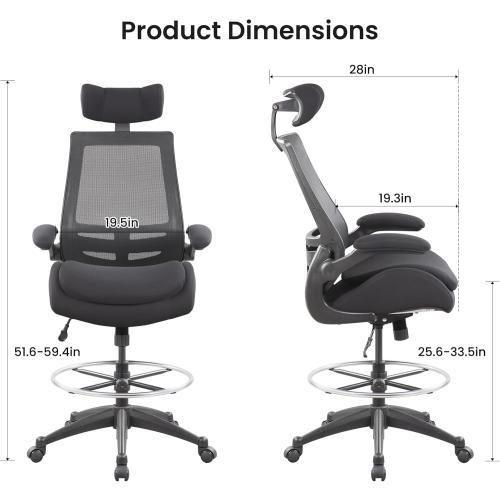BOLISS 400lbs High Back Computer Office Drafting Chair Double Seat-Cushion Flip up Armrests Lumbar Support Adjustable Big Footrest Ring (Black)