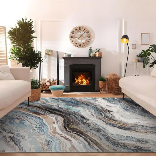 BLUE AND BROWN MULTI-COLOR Mountain Up 5x7 Area Rug for Living Room, Modern Washable Rugs with Non-Slip Backing, Soft Low Pile Abstract Marble Rugs for Bedroom,Kitchen, Boho Carpet for Office,Cyan/Blue/Brown Multi-Color Rug