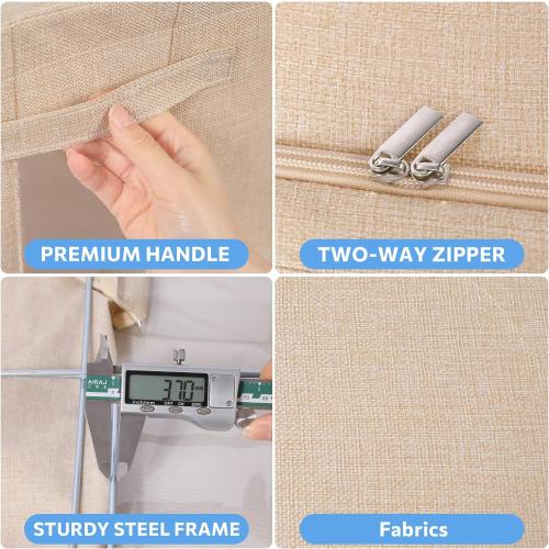 CYhom 3Pack Foldable Storage Bins - Frame Storage Box Linen Fabric Stackable Clothes Container Organizer with Clear Window & Carry Handles Large Capacity (Extra Large-100L, Beige)
