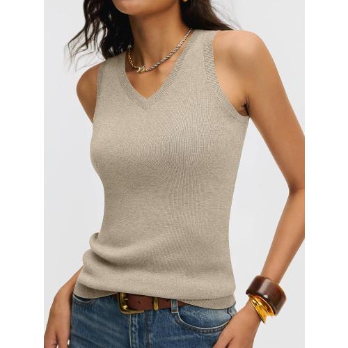 ANRABESS Womens Medium Tan Wool Blend Tank Tops V Neck Sleeveless Sweater Business Casual Work Knit Shirts Slim Fit 2026 Summer Outfits