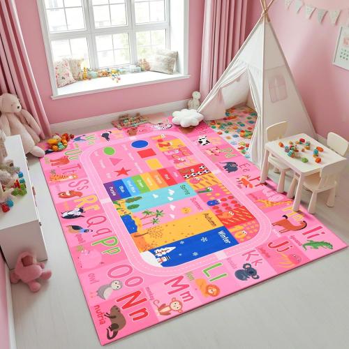Pink Kids Rug for Playroom Classroom, ABC Alphabet Numbers Play Toddlers Rugs, Learning Educational Bedroom Floor Mat, Washable Baby Carpet for Girls Room, Nursery, Preschool, Daycare