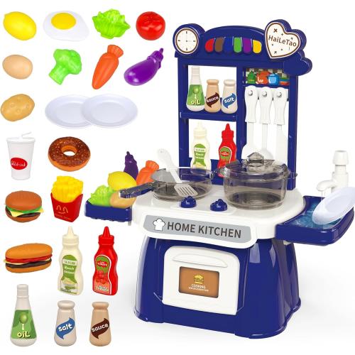 Kitchen Set for Toddler with Sound and Light，Pretend Cooking Food Set,Kids Kitchen Playset，Play Sink with Running Water and Electronic Induction Stove，Kitchen Accessories (Lyons Blue Kitchen)