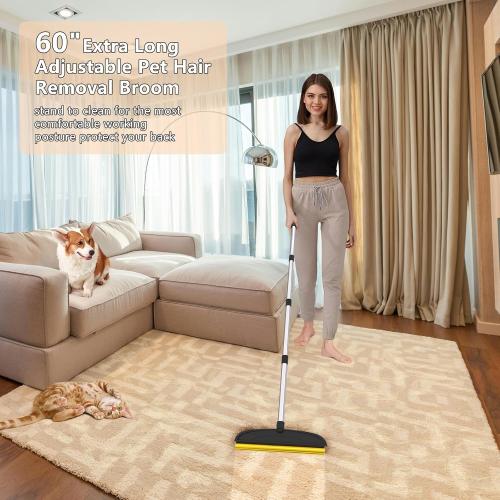 2 in 1 TPU and Copper Rake Teeth Carpet Rake for Pet Hair Removal,60inch Adjustable Long Handle Pet Hair Remover Tool,Reusable Cat Dog Hair Rake Broom,Lint Remover Scraper for Carpet,Bed(Black-Silver)