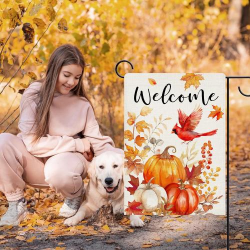 Dyrenson Welcome Fall Pumpkin Cardinal Decorative Garden Flag, Autumn Thanksgiving Harvest Red Bird Yard Outside Home Decoration, Farmhouse Leaves Burlap Outdoor Small Decor Double Sided 12 x 18